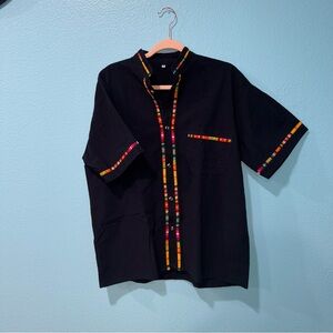 Mens Guayabera  dark blue with Colorful Trim Size Large